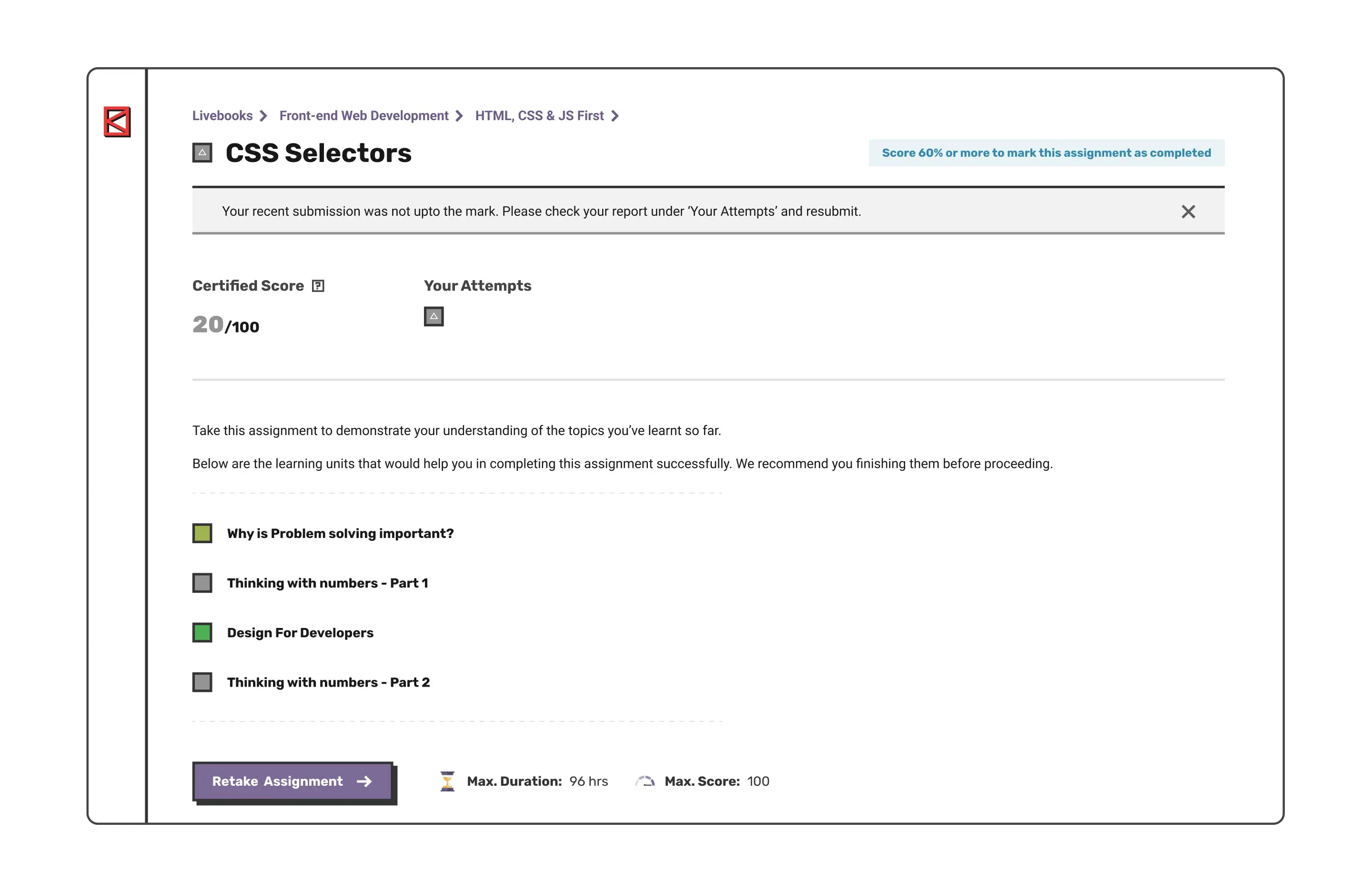 Example of the 'Needs Work' status block